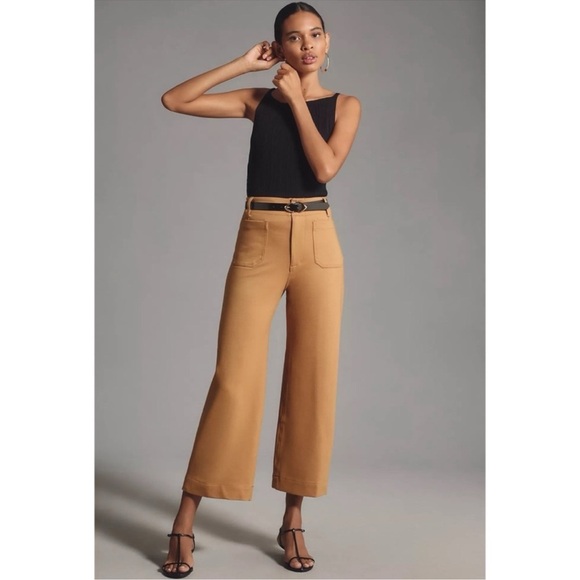 NWT Anthropologie Colette Cropped Wide Leg Pants Ponte in Khaki Tan 27 - Picture 1 of 14